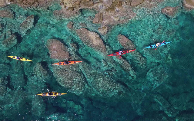 Top down picture of brightly colored kayaks paddling near a rocky coastline at Eagles Resort