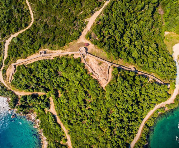 Panoramic view of Ancient Stageira's wall surrounded by forest