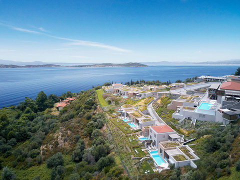 Eagles Villas Chalkidiki aerial view, pools, suites, sea, blue sky and nature