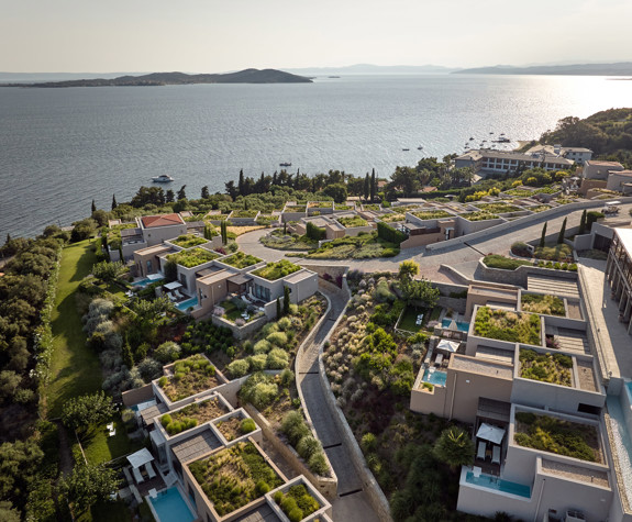 Eagles Resort Chalkidiki aerial view, pools, suites, sea, blue sky and nature