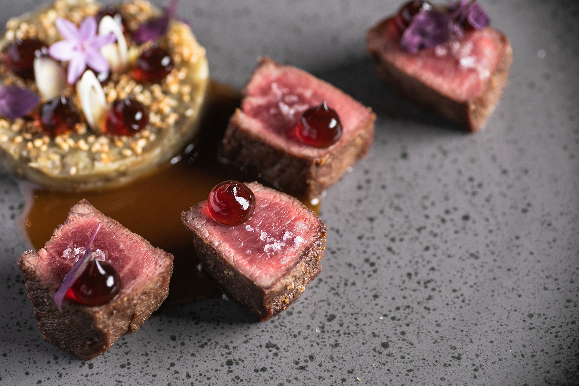 Seared beef cubes fine dish at Eagles resort