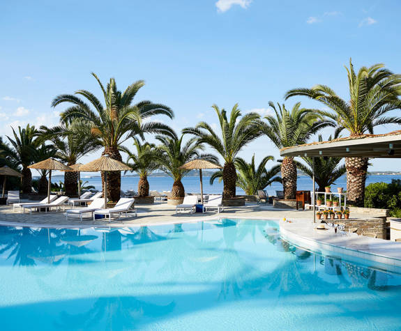 Eagles Resort Chalkidiki Pool Bar with palm trees and sea view