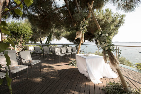 Eagles Resort Chalkidiki Wedding Events on a deck with sea view and under the pine trees