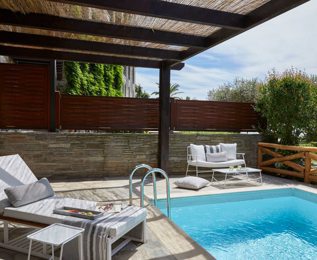 Eagles Palace Resort Chalkidiki Suite Private Pool with sunbeds and reed canopy