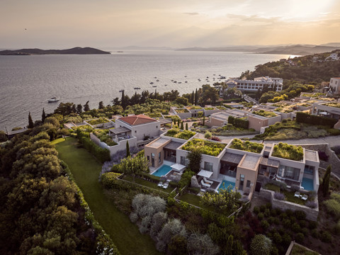 Eagles Resort Chalkidiki aerial view, pools, suites, sea, blue sky and nature