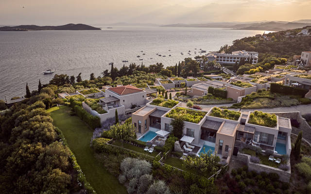 Eagles Resort Chalkidiki aerial view, pools, suites, sea, blue sky and nature