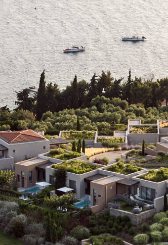 Eagles Resort Chalkidiki aerial view, pools, suites, sea, blue sky and nature