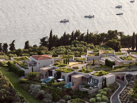 Eagles Resort Chalkidiki aerial view, pools, suites, sea, blue sky and nature